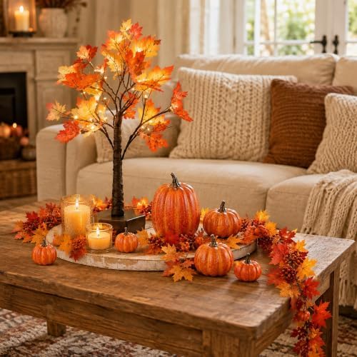 8pcs Fall Decor Set with Lighted Maple Tree & Pumpkins & Garland by VALKNUT