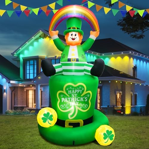7.1FT St. Patricks Day Inflatables Leprechaun Holding Rainbow Sitting On the Shamrock Hat Decoration, St Patrick Blow up Yard Decoration Leprechaun Inflatable Built-in 6 LED for Irish Decor by Favehome
