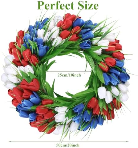 U'Artlines 20 Inch Tulip Patriotic Wreath for Front Door, Red White Blue - Image 6