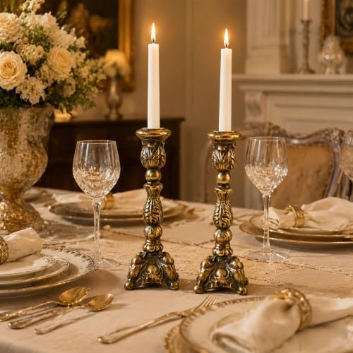 Antique Gold Candle Holders Set of 2, Iron Taper Stands - Image 6
