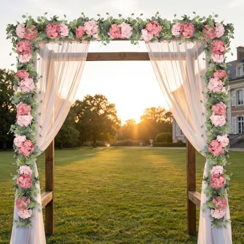 Artificial Hydrangea Flower Garland with Eucalyptus & Baby’s Breath 2PCS 6FT Floral Vines Greenery Garland for Mantel Wedding Arch Table Centerpiece Coastal Home Outdoor Decor (2, Dusty Rose&Pink) - Image 2