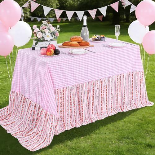 Fanqisi Waterproof Plaid Tablecloth Red Ruffle Table Cloth - 80 x 120 Inch Gingham Checker Tablecloths Rectangle Washable Polyester Table Cover for Birthday Wedding Picnic Easter Party Decoration - Image 3