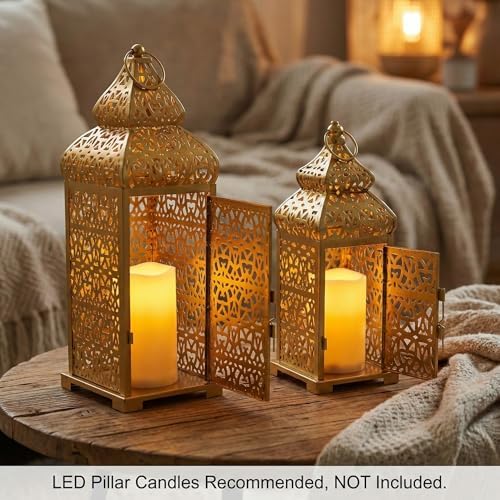 Vela Lanterns Decorative Indoor Moroccan Candle Holders, Gold, Set of 2 - Image 6