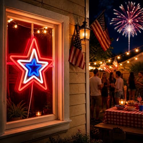 4th of July Patriotic Decorations Red White and Blue Memorial Day Decor Star Neon Sign 12.2 In Acrylic Star Lights for Independence Day Fourth of July Decor for Home Holiday Decor - Image 7