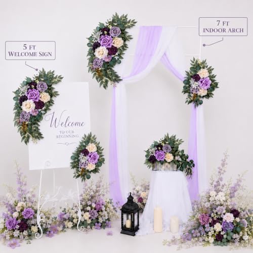 AitnWoy Artificial Wedding Arch Flowers Kit 2 PCS Dust Rose Flowers Silk Peony Floral Swag Welcome Sign for Wedding Ceremony Party Home Garland Decor (Purple) - Image 4