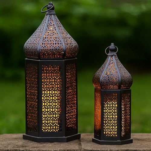 Vela Lanterns Decorative Indoor Black Moroccan Temple Lanterns, Set of 2 by VelaCandleLanterns
