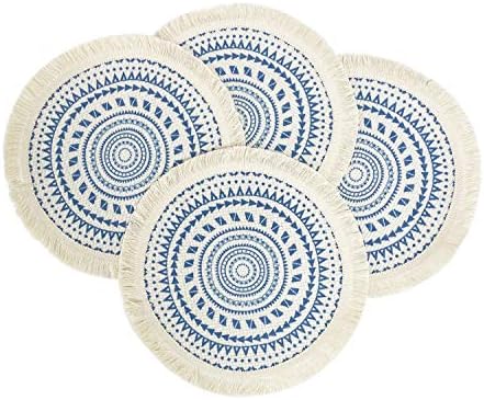 Fennco Styles Boho Geometric Fringe Decorative Cotton Placemats 13-inch Round, Set of 4 - Blue Heat Resistant Insulation Table Mats for Home Decor, Dining Table, Banquets and Special Events by FenncoStyles