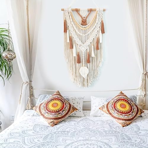 MEIZHIANDME Macrame Wall Hanging, Boho Woven Tapestry Wall Decor, Chic Bohemian Handmade Leaf Feather Wall Art Decorations for Bedroom Living Room Apartment Wedding Party (Leaf & Wood Bead) - Image 5