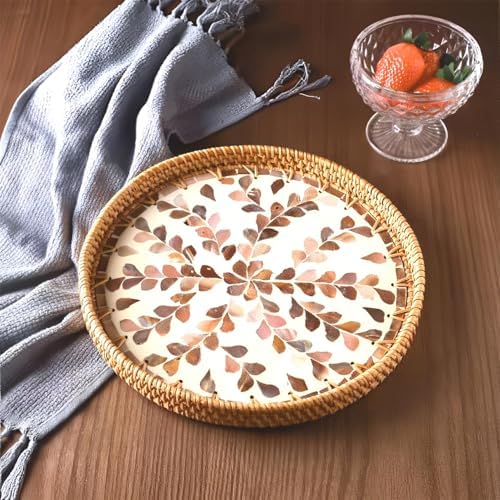 i-lan 3-Piece Round Rattan Serving Trays with Mother of Pearl Inlay – Handwoven Decorative Platters for Coffee Table, Vanity, Kitchen & Home Décor, Set - Image 6