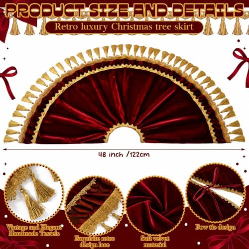 Roowest 48 Inch Burgundy Christmas Tree Skirt Velvet,Vintage Round - Image 3