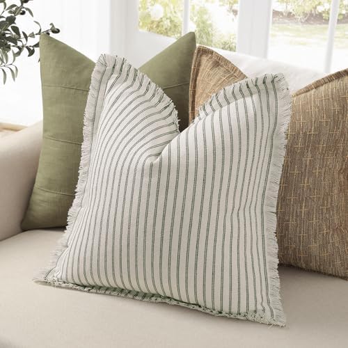 ZWJD Throw Pillow Covers 18x18 Set of 2 Striped Pillow Covers with Fringe Chic Cotton Decorative Pillows Square Cushion Covers for Sofa Couch Bed Living Room Farmhouse Decor (Olive Green) - Image 2
