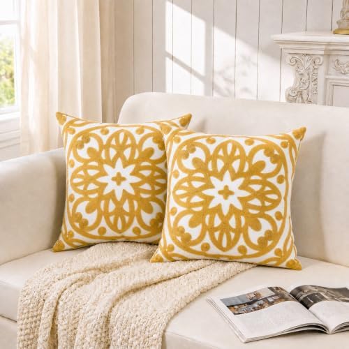 Alysheer Boho Embroidered Throw Pillow Cover 18"x18", 2pcs Mustard Yellow by Alysheer