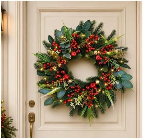 24" Pre-Lit Christmas Wreath Artificial Christmas Wreath with 50 LED Lights by SIECCYOfficial