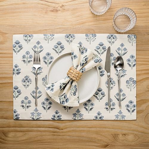 Block Print Floral Decorative Placemats Set of 6, Dusty Blue - Image 4