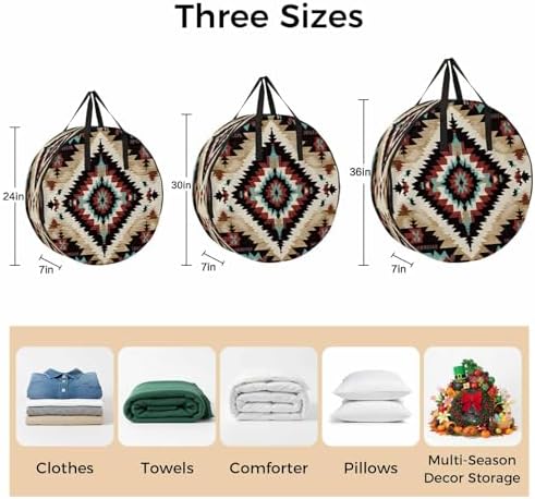 Abstract Ethnic Style Art Round Storage Bag 24 Inch, Retro Brown Green Weaving Pattern Clothes Storage Container with Handles Heavy Duty Organizer for Comforter, Bedding & Holiday Wreaths - Image 7