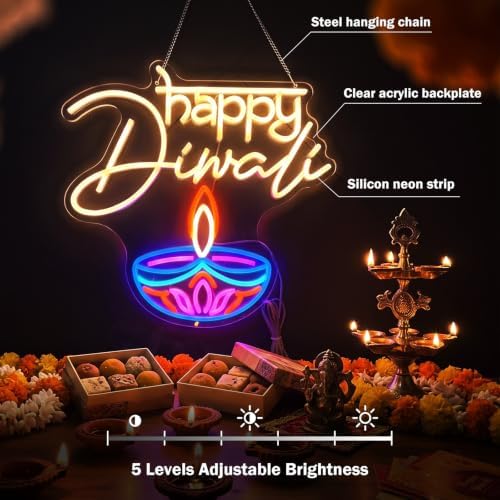Zhengmy Happy Diwali Neon Sign, USB Powered LED Light for Wall Decor - Image 4