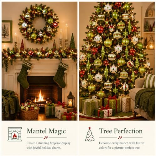 Lunmon 64 Pcs Lime Green Red Christmas Ornament Polka Dot Stripe Xmas Bulbs - Image 5