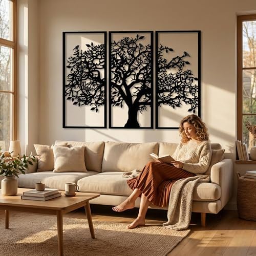 3 Panels Family Tree Metal Wall Decor Tree of Life Metal Wall Art, Home Bedroom Living Room Decor 3D Wall Art 3 Panels Family Tree Metal Wall Decor Modern Decoration (Black, 30"W x 20"H/76x51cm) - Image 2