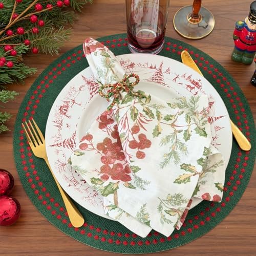 Bodrum Pearls Round Embroidered Placemats Set of 4 – 15" Elegant Table Mats for Dining, Weddings & Special Occasions, Decorative, Wipe-Clean Vinyl Placemats, Forest/Red - Image 5