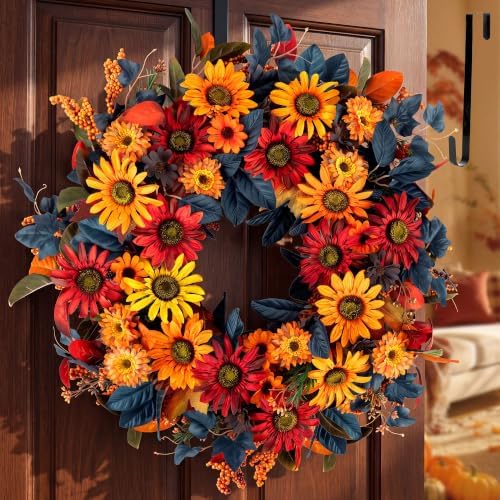 BLOSMON 24in Fall Wreaths for Front Door, Sunflower Fall Wreath with Hanger by Blosmon