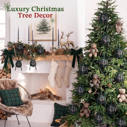 Gemscream 12 Pcs Navy Blue and Green Tartan Christmas Ornaments 3.15 Inch - Image 3