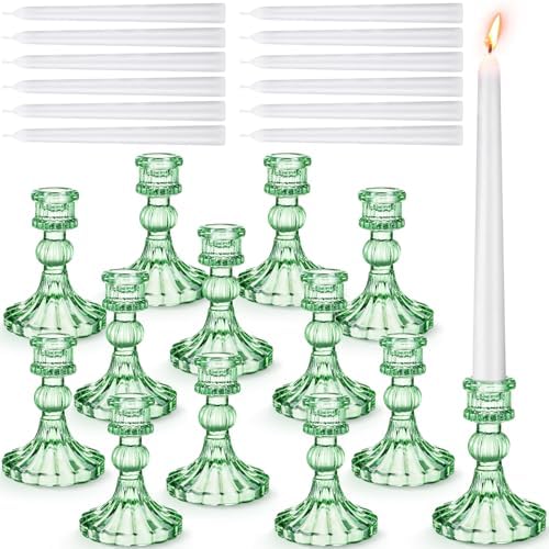 Suclain 24 Pcs Glass Candle Holder Set 12 Candlestick White Candles,Green by Suclain