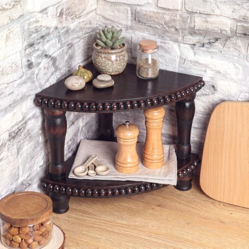 Kigley 2 Tiered Corner Riser for Kitchen Counter Wood Beaded Corner Shelf Black Wash Countertop Bathroom Counter Organizer Rustic Decorative Pedestal Stand with Removable Feet for Kitchen Coffee Bar - Image 4