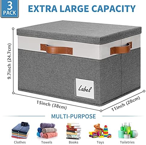 GhvyenntteS Storage Bins with Lids 3 Pack, Large Storage Baskets with Lids and Label, Foldable Fabric Storage Boxes with 3 PU Handles for Organizing Shelves Home Nursery Office (Grey, 15x11x9.6) - Image 2
