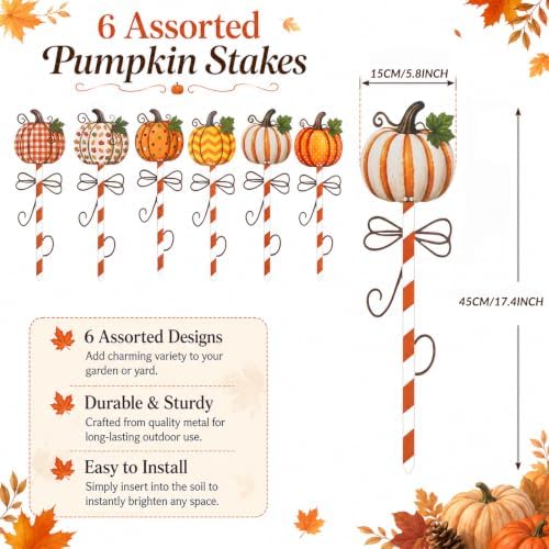 6 Pcs Fall Pumpkin Metal Garden Stakes 17.4" Outdoor Pumpkins - Image 3