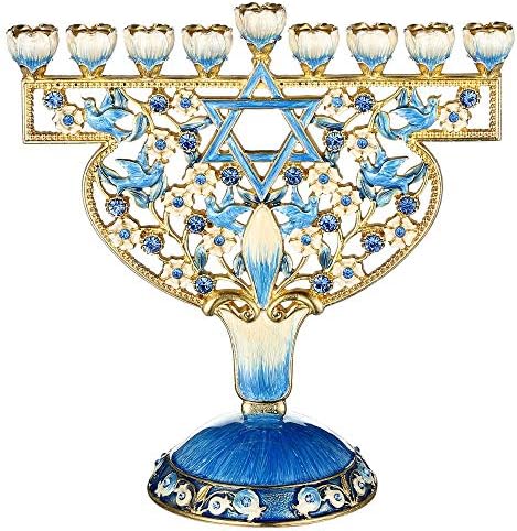 Matashi Hand-Painted Blue & Gold 9-Branch Hanukkah Menorah Candelabra Gift by MATASHI