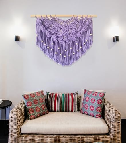 Youngeast Large Macrame Wall Hanging Boho Beaded Curtain for Window Macrame Bedroom Headboard Living Room Wall Art Tassel Tapestry Bohemian Woven Wall Decor 31" W X 25" H (Purple) - Image 4