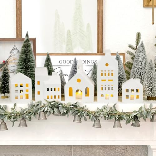 Christmas Decorations - Village Sets of 5 Lighted Ceramic Houses & 9 Trees - Image 4