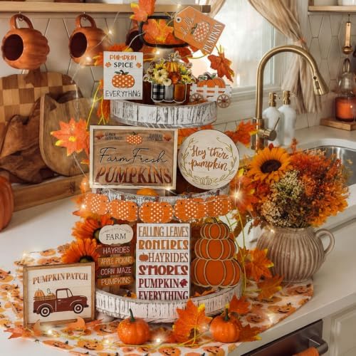 14 Pcs Halloween Tiered Tray Decor Set, Gnome Wood Table Signs (Pumpkin) - Image 4