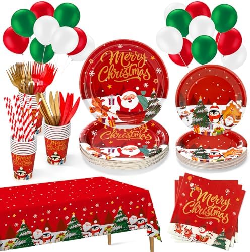 COYLAPY 189pcs Disposable Plates and Napkins Set for Christmas by COYLAPY