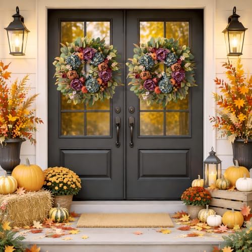 26" Fall Wreaths for Front Door, Peony Hydrangea Pumpkins Wreath - Image 3