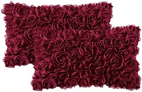 MIULEE Pack of 2 3D Decorative Romantic Stereo Chiffon Rose Flower Throw Pillow Cover Solid Square Pillowcase for Christmas Day Decoration Sofa Bedroom Car 12x20 Inch (30x50cm) Wine Red by MIULEE