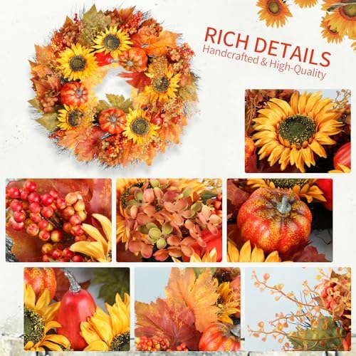 Fall Wreath, Pumpkin and Sunflowers Harvest Autumn Wreath, 22 Inch Wreaths for Front Door, Fall Wreaths for Indoors,Outdoors,Corridors, Offices. (Orange) - Image 3
