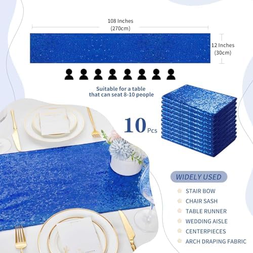 Glitter Sequin Table Runners Royal Blue 10 Pieces 12x108 Inches Sequin Fabric Shimmer Table Runner for Baby Shower Banquet Wedding Table Decorations - Image 3