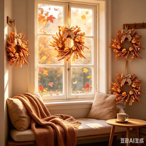 4 Pcs Small Fall Hanging Wreaths with Artificial Autumn Flowers Warm Orange Fall Foliage Wheat Spike Accents Rustic Burlap Ribbon Mini Cabinet Wreath for Farmhouse Thanksgiving Harvest Party Decor - Image 3