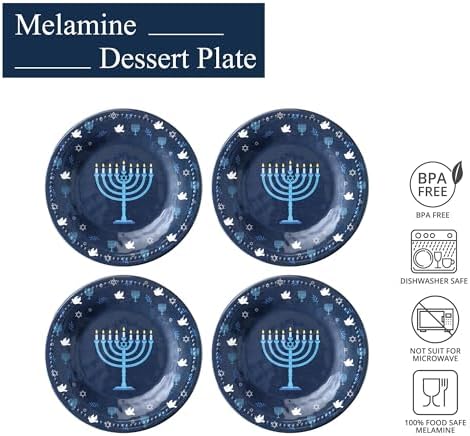 UPware Hanukkah Melamine Round Dessert Plates, Small Serving Plates, Hanukkah Decorations, for Appetizer, Snacks, and Side Dishes, Blue, 6 Inch, Set of 4 - Image 2