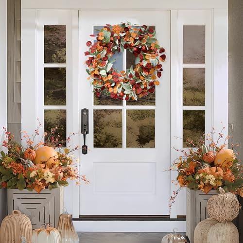 Waipfaru Fall Decor, 26 Inch Fall Wreaths for Front Door, Autumn Door Wreath with Lambs Ears Leave Eucalyptus Leaves Pumpkin Thanksgiving Harvest Halloween Farmhouse Home Outdoor Porch Indoor Decor - Image 4