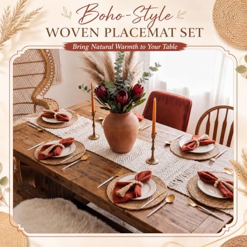 Fanfanwin Set of 6 Boho Woven Placemats with Rust Red Napkins, 13 in - Image 6