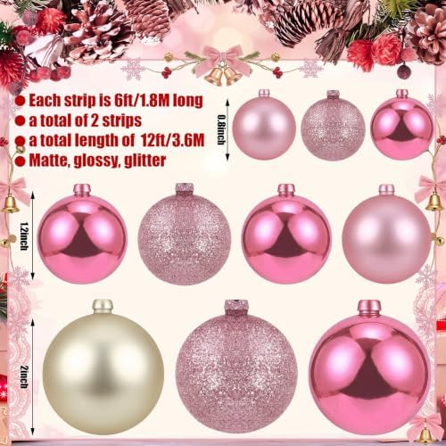 2 Pcs 6 ft Christmas Ball Ornament Garland, Pink, Champagne Gold - Image 2