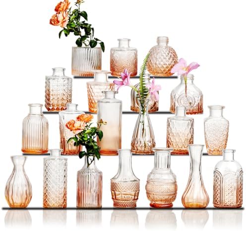 Glass Bud Vase Set of 20 - Small Vases for Flowers in Bulk - Assorted Vintage Crystal Vases for Flowers, Table Centerpieces (Amber, 20 Pcs) by Ulodimi