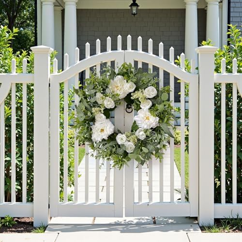 Betylifoy Summer Wreaths for Front Door 24" White Dahlia Rose Floral Wreath - Image 4