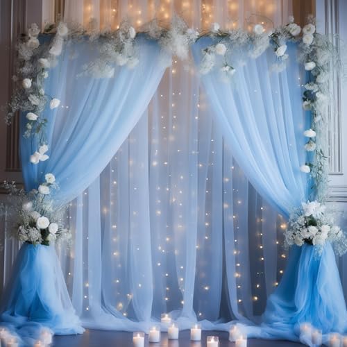 20x10ft Baby Blue Tulle Backdrop Curtain with Lights String for Parites, Sheer Backdrop Curtains for Wedding Baby Shower Birthday Party Photo Shoot Decorations by Partisky