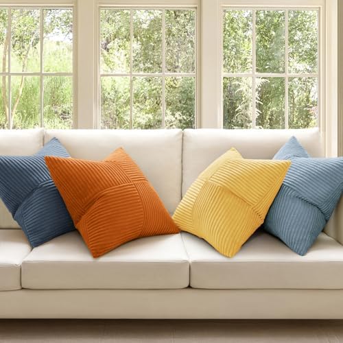 MIULEE Summer Yellow Blue Decorative Throw Pillow Covers 20x20 Inch Set of 4 Soft Corduroy Boho Patchwork Pillow Covers Modern Farmhouse Bright Home Decor for Sofa Living Room Couch Bed - Image 2
