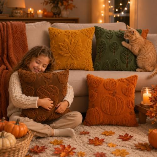 Tiamon 4 Pcs Fall Throw Pillow Covers 18 x 18 Inch Embroidered Pillow Cases - Image 4