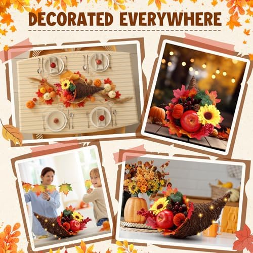 20pcs Thanksgiving Cornucopia Basket Set Fall Table Centerpieces 18inch Horn Cornucopia Centerpiece of Plenty Harvest Decor with Artificial Leave Acorn Fruits Decor for Autumn Dining Table Centerpiece - Image 6