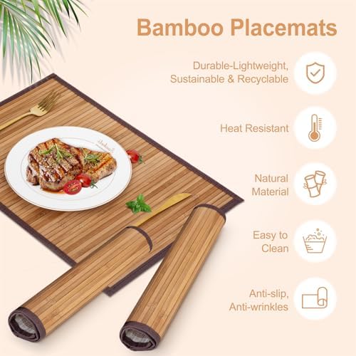 Bamboo Placemats Set of 8 with Fabric Border, Table Mats, Camel - Image 4